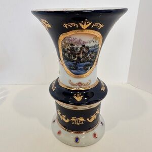 Vintage Limoges Vase Cobalt Gold Hand Painted UNIQUE French People Boat River